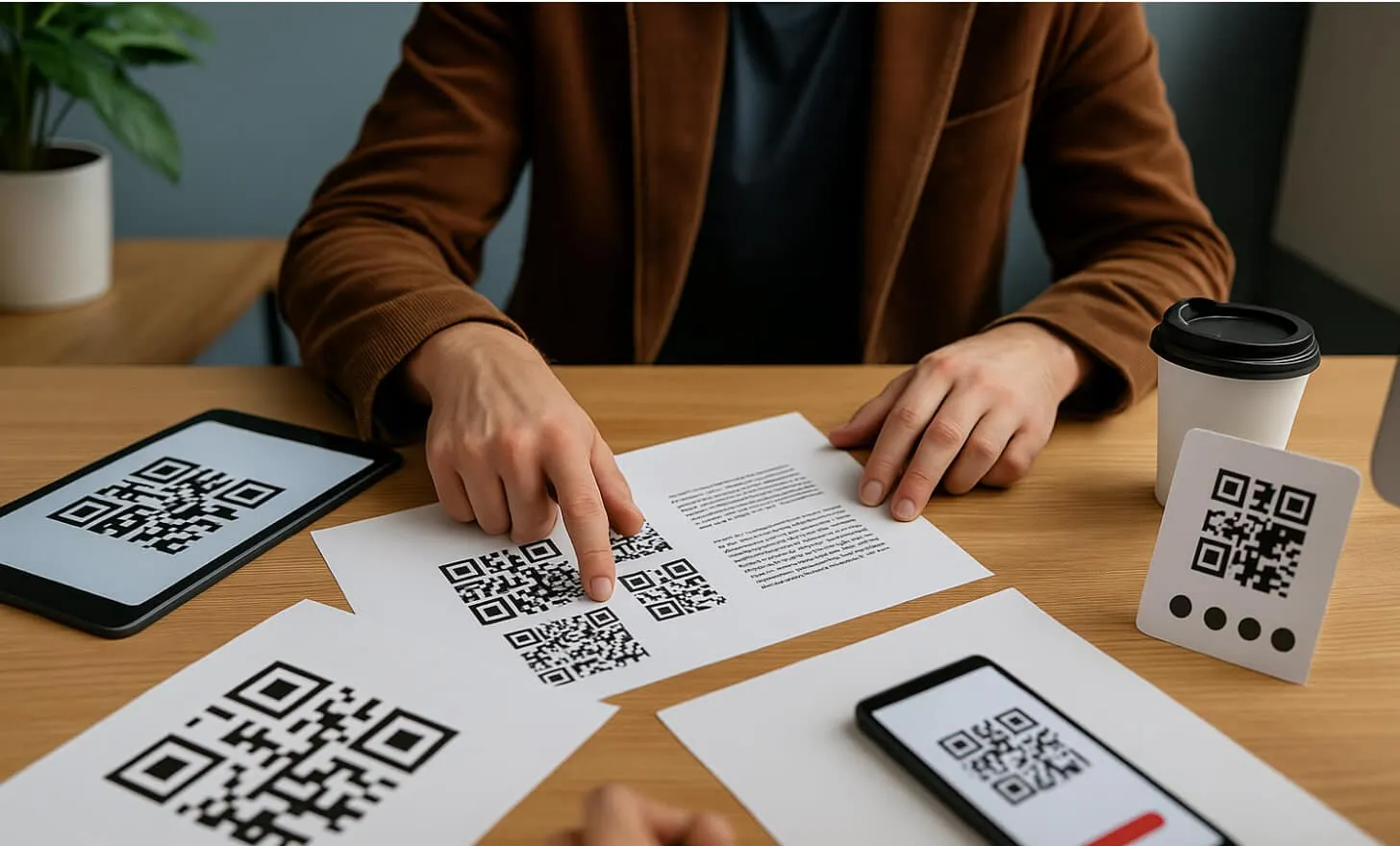 Espace de travail professionnel avec une personne testant les QR codes sur des papiers imprimés, une tablette et un téléphone