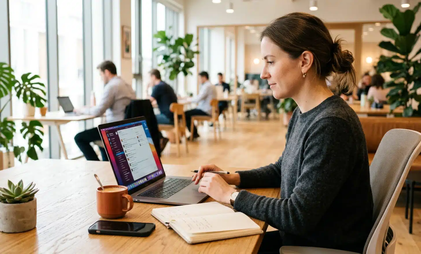 Property manager at a co working space looking at booking messages and responses on a screen