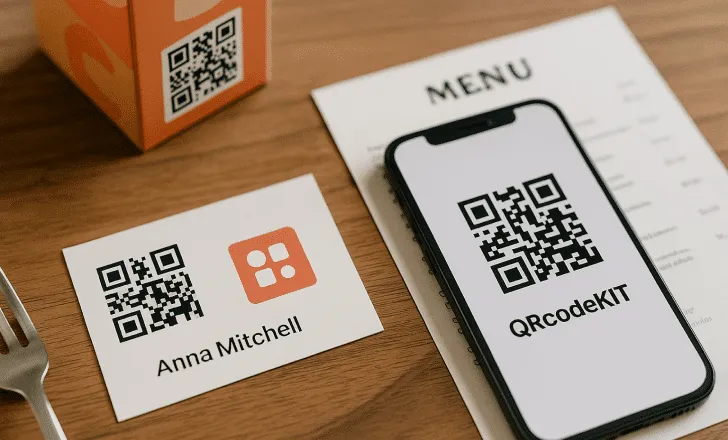 QRCodeKIT business card, smartphone, and printed menu featuring dynamic QR codes on a wooden table