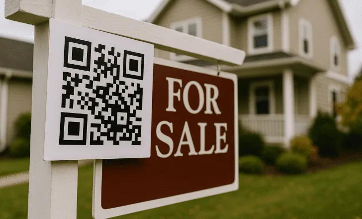 QR code attached to a “For Sale” sign in front of a suburban house