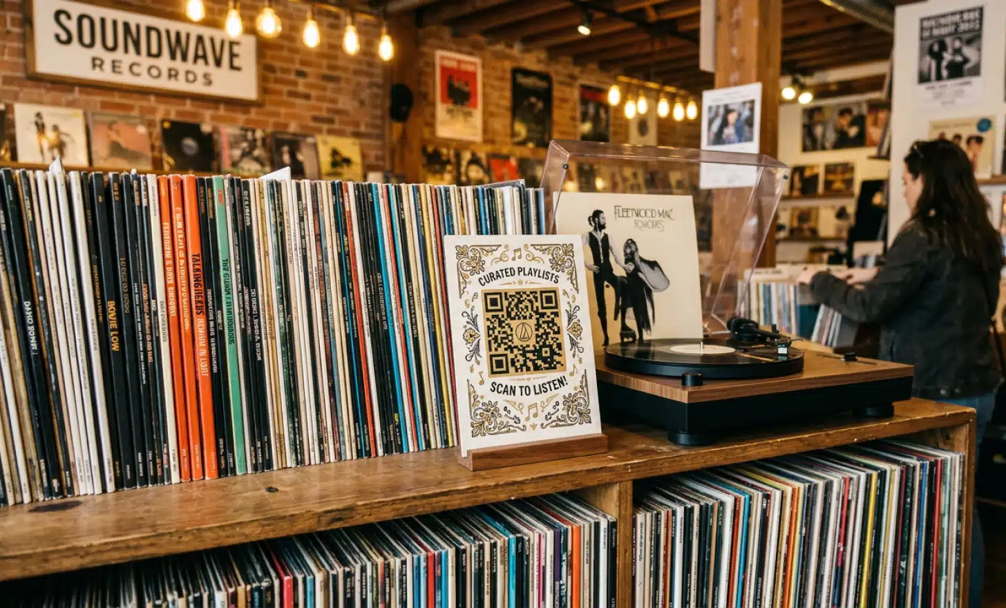 QR code card placed on a vinyl record shelf next to a turntable in a record store