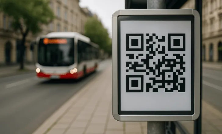QR code display at a bus stop with a city bus approaching in the background