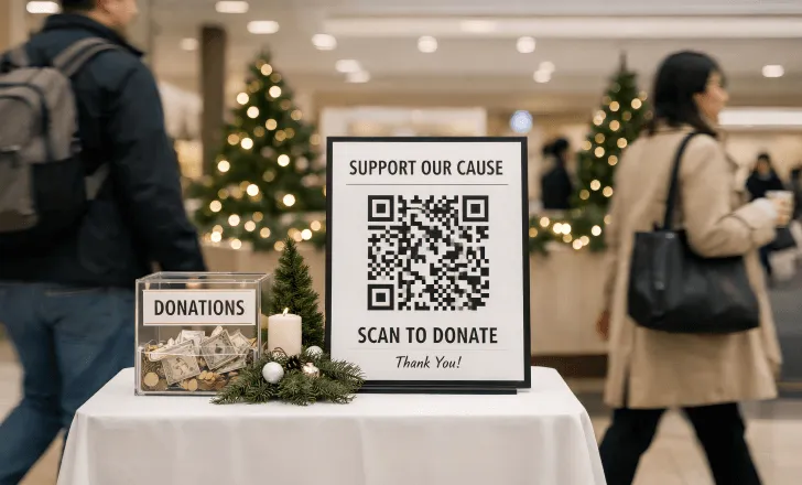 QR code displayed at a nonprofit donation stand