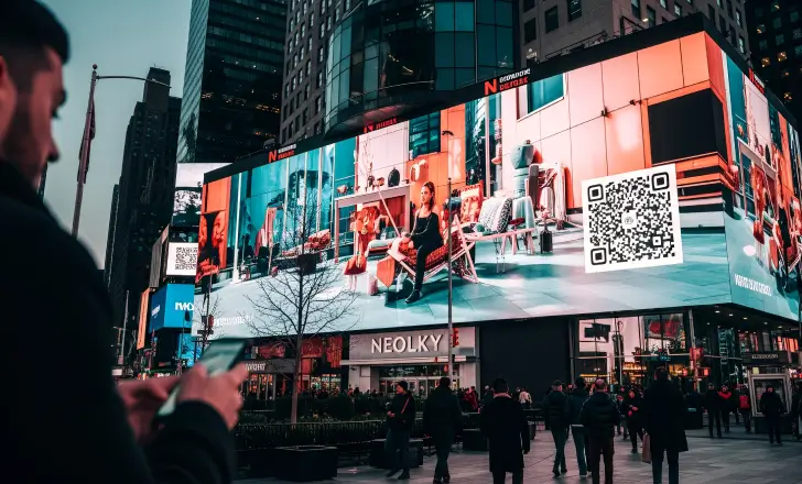 QR code integrated into a large urban digital display as part of a seamless marketing experience