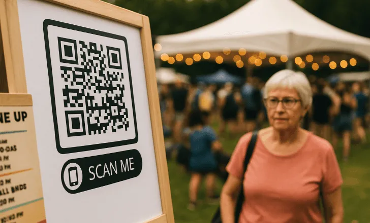 QR code sign at a public festival with elderly woman walking nearby