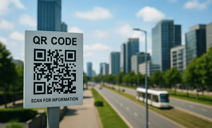 QR code sign on a city boulevard with a tram and glass skyscrapers in the background