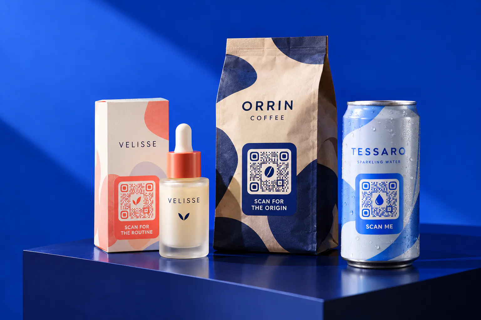 Skincare, coffee and sparkling water packs, each with a branded QR code