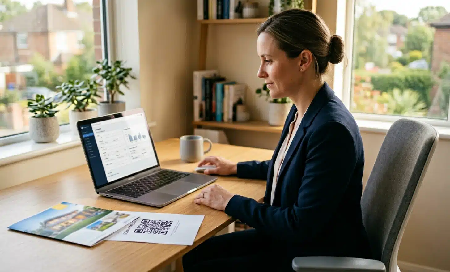 Real estate agent setting up an AI QR code for a property listing at a home office desk