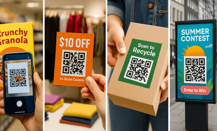 Exemples concrets de campagnes QR code sur les emballages, les coupons, les étiquettes de recyclage et les publicités extérieures