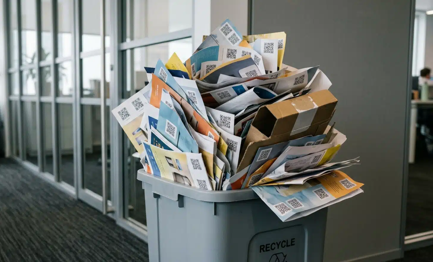 Recycling bin filled with discarded printed flyers, brochures and packaging with QR codes