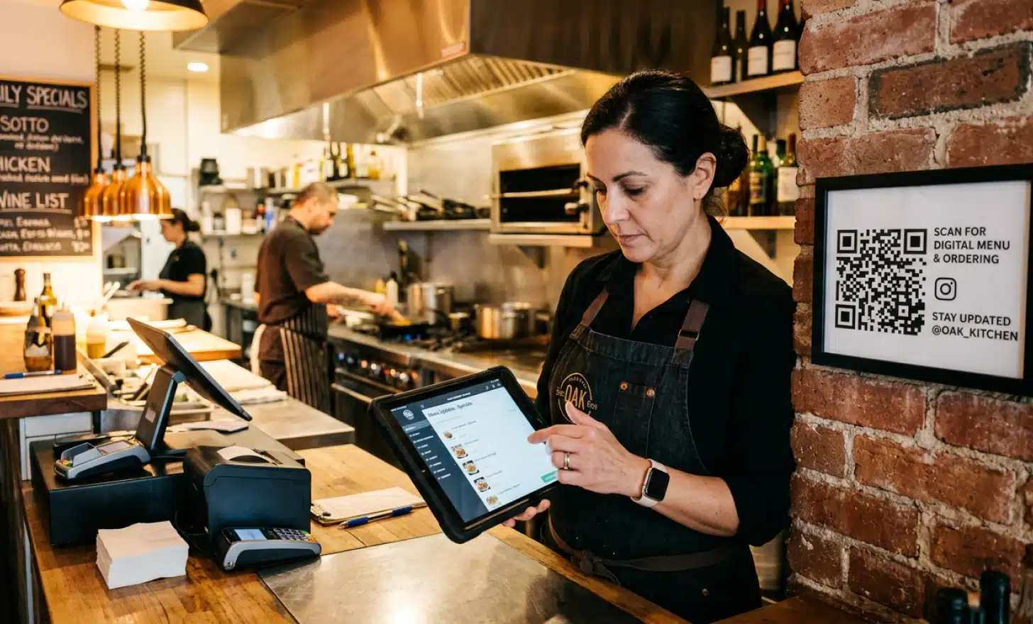 Restaurant manager updating digital content on a tablet while a QR code remains unchanged on the wall.