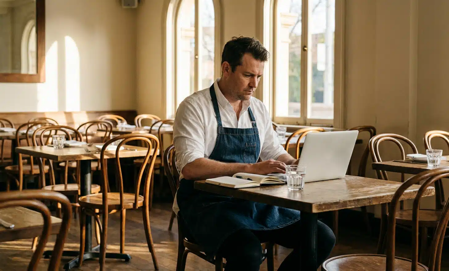 Restaurant owner working on a laptop in an empty dining room, organizing menu information.