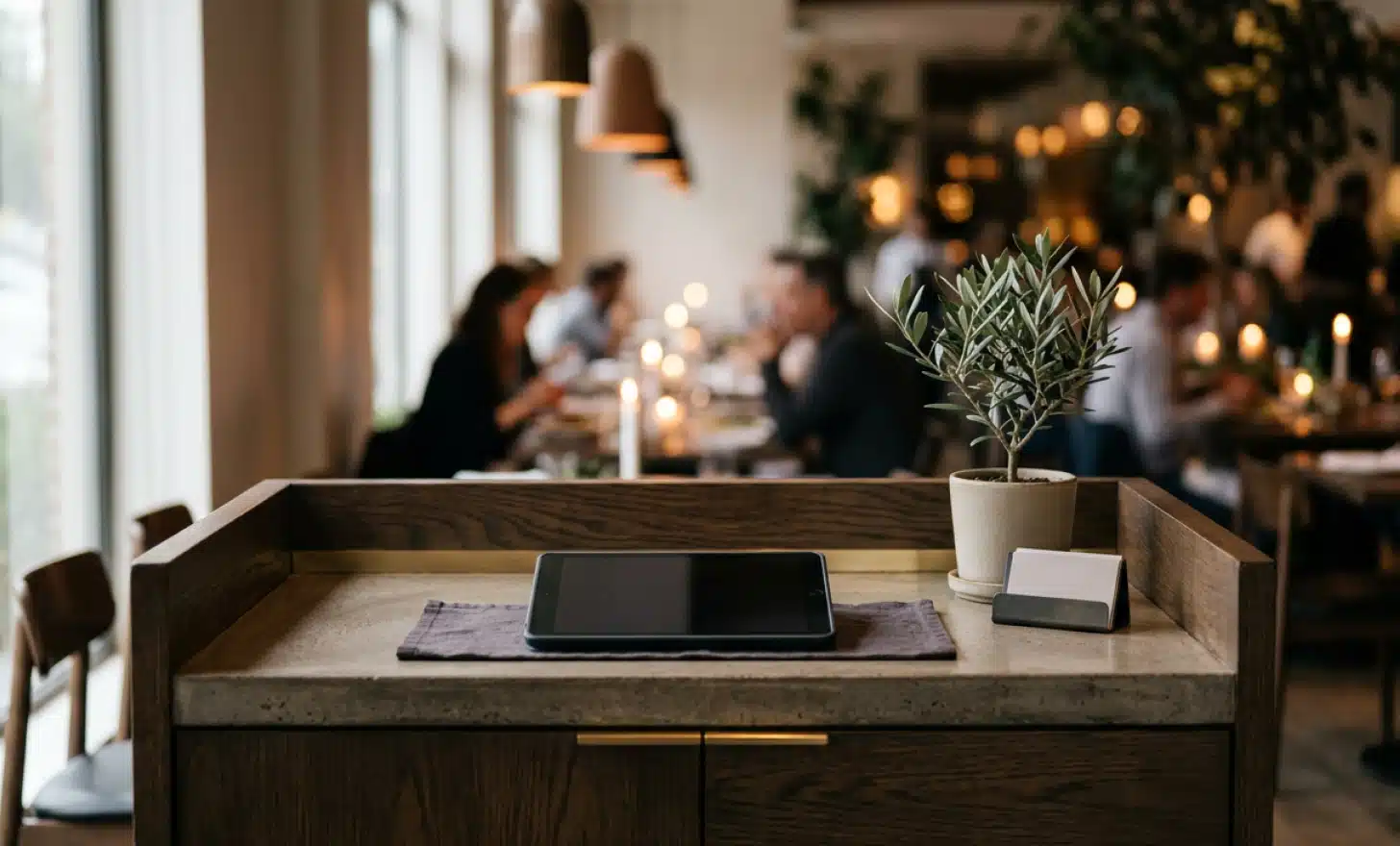 Restaurant reception counter with a tablet resting face down, suggesting careful data handling.