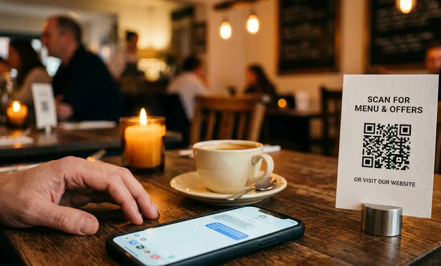 Restaurant table card with a QR code beside a phone showing an opened chat conversation.