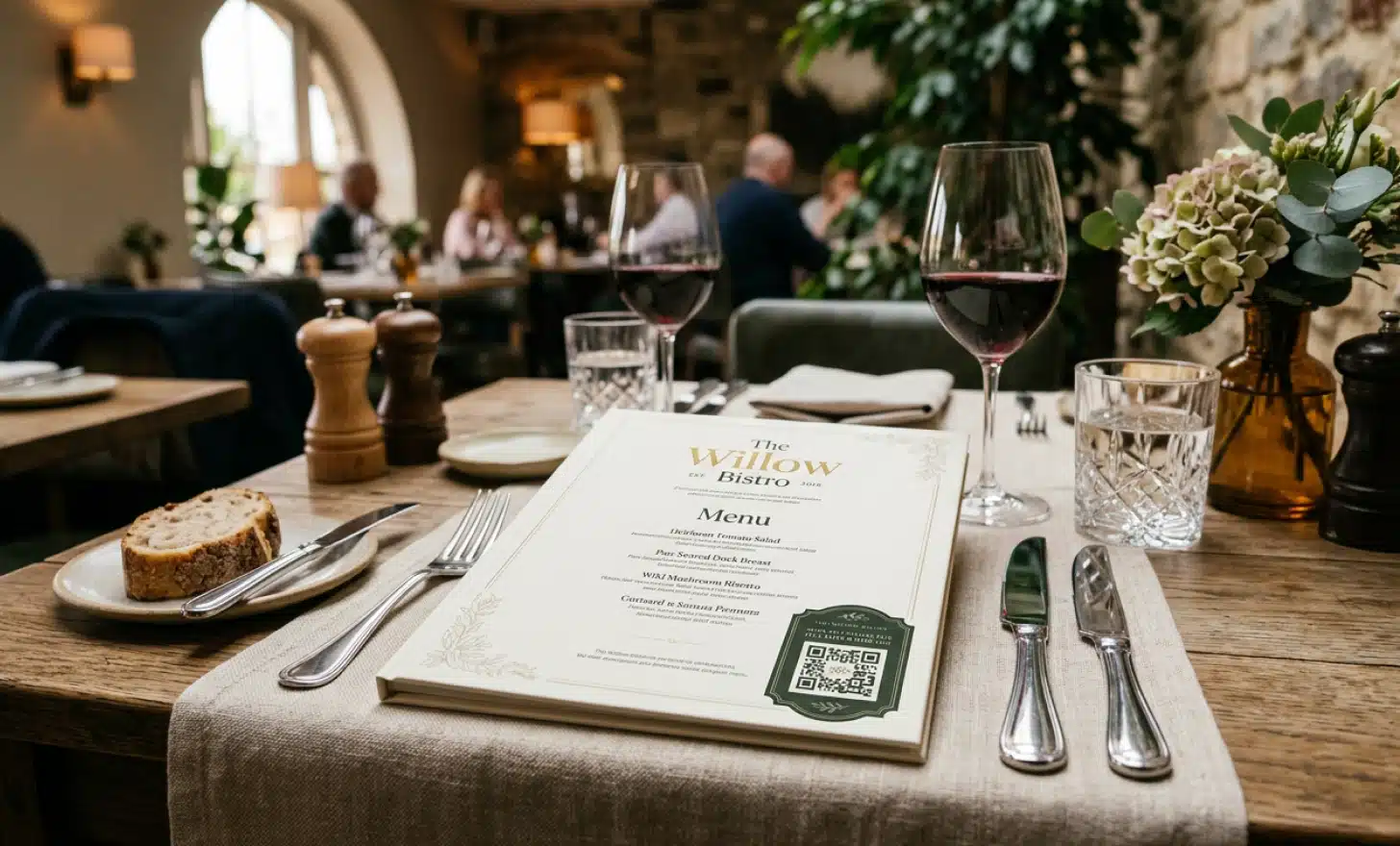 Restaurant table with an elegant menu featuring a branded QR code in the corner alongside cutlery