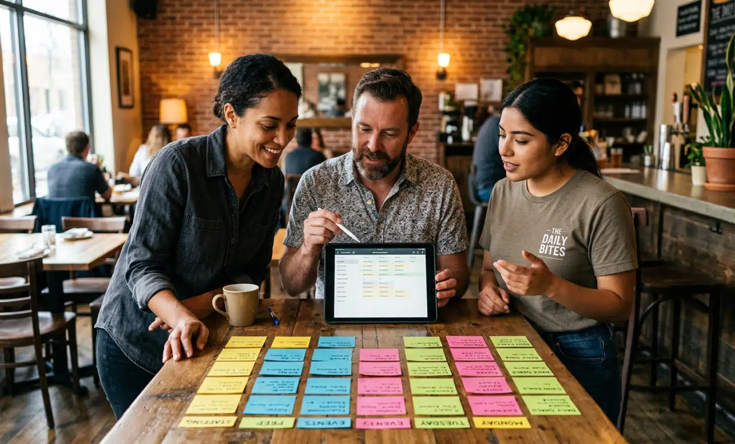 Restaurant team gathered around a tablet planning the next steps of a project, with sticky notes ordered by priority.