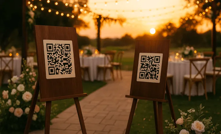 Romantic outdoor wedding reception at sunset with two wooden QR code signs on easels, surrounded by flowers, string lights, and round dinner tables.