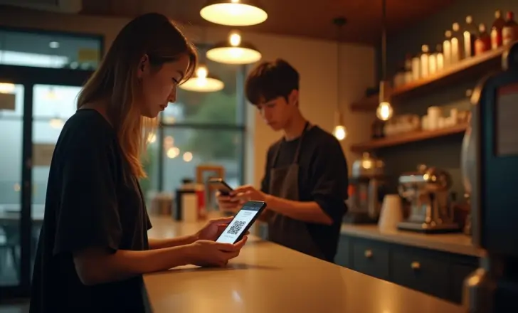 Escanear un código QR para pagar en una cafetería