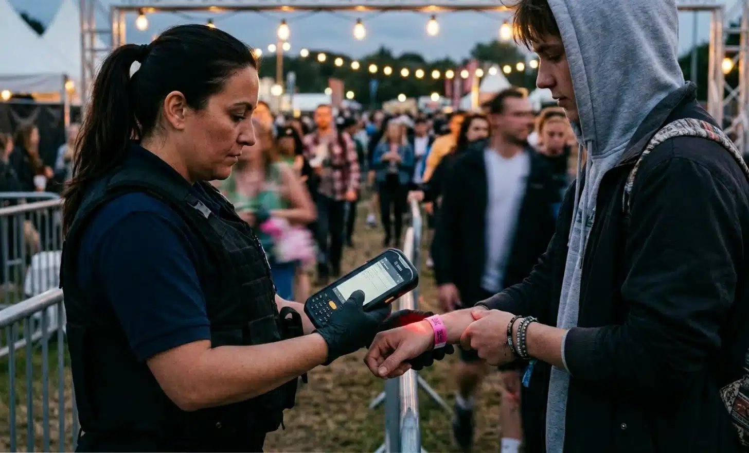 Security staff scanning a wristband at a festival entry gate at dusk
