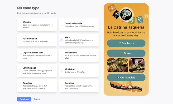 Select the menu QR code type