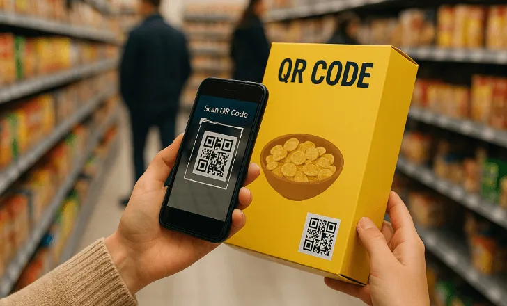 Shopper in a supermarket aisle scanning a small QR Code placed on the back corner of a cereal box, with other people and products visible in the background