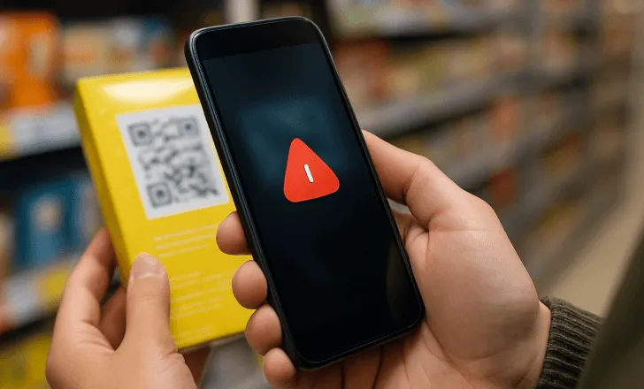Shopper scanning a blurry QR code with a smartphone showing only a red warning icon.