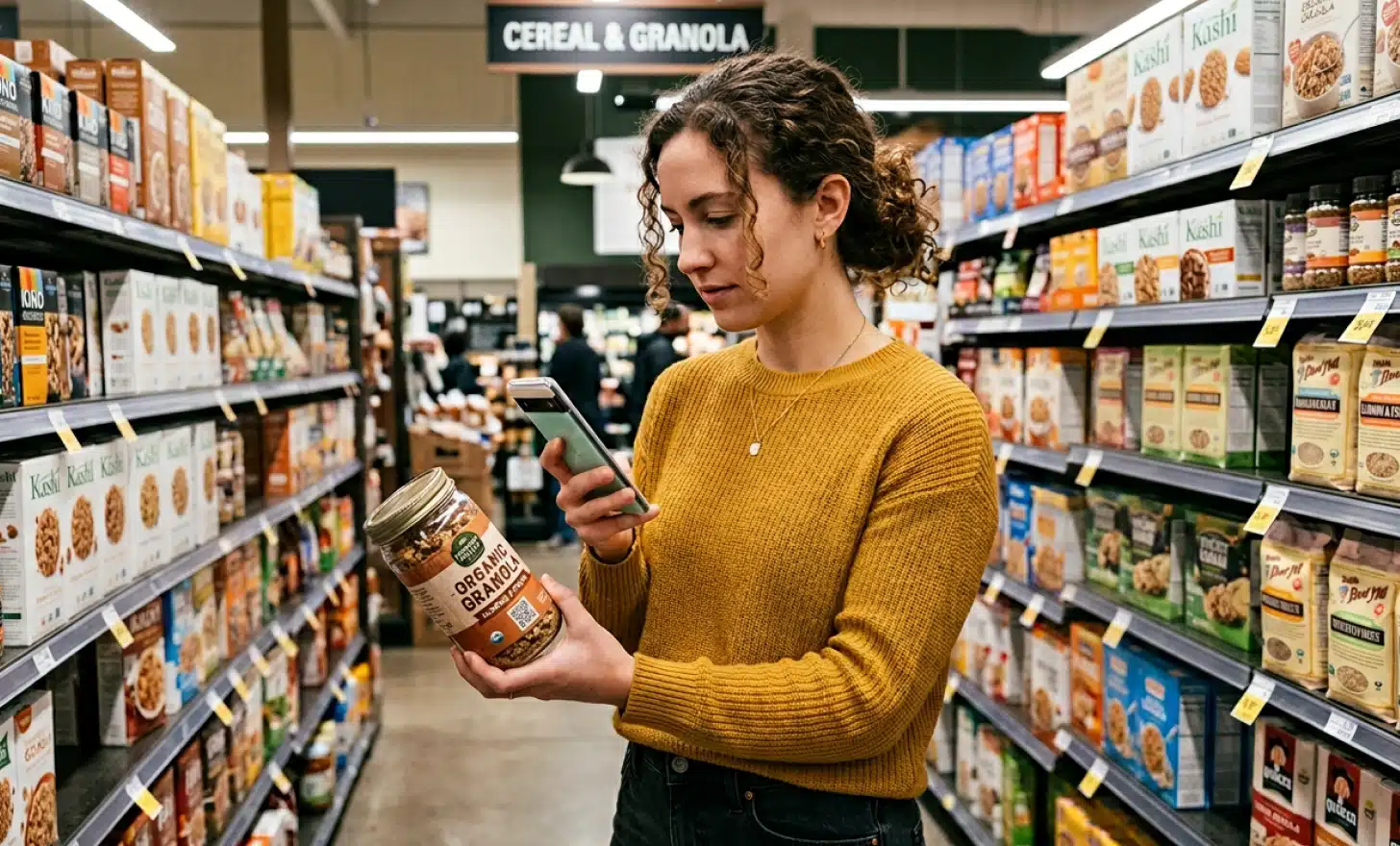 Shopper scanning product QR code for detailed information