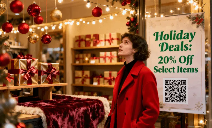 Shopper viewing a Christmas promotional sign with a QR code inside a decorated store