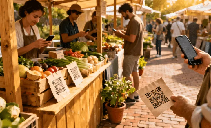 Shoppers exploring products with edible QR codes at a market.