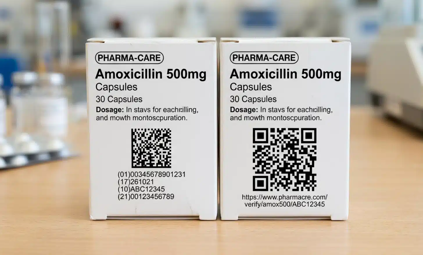 Side-by-side comparison of a GS1 DataMatrix and a QR code printed on identical white pharmaceutical cartons