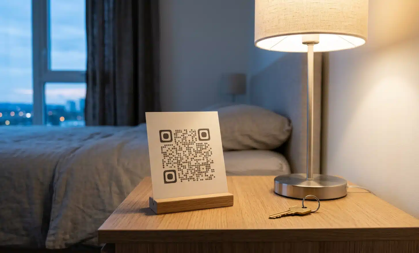 Single QR code card on a minimalist bedside table, illustrating focused rental QR content.
