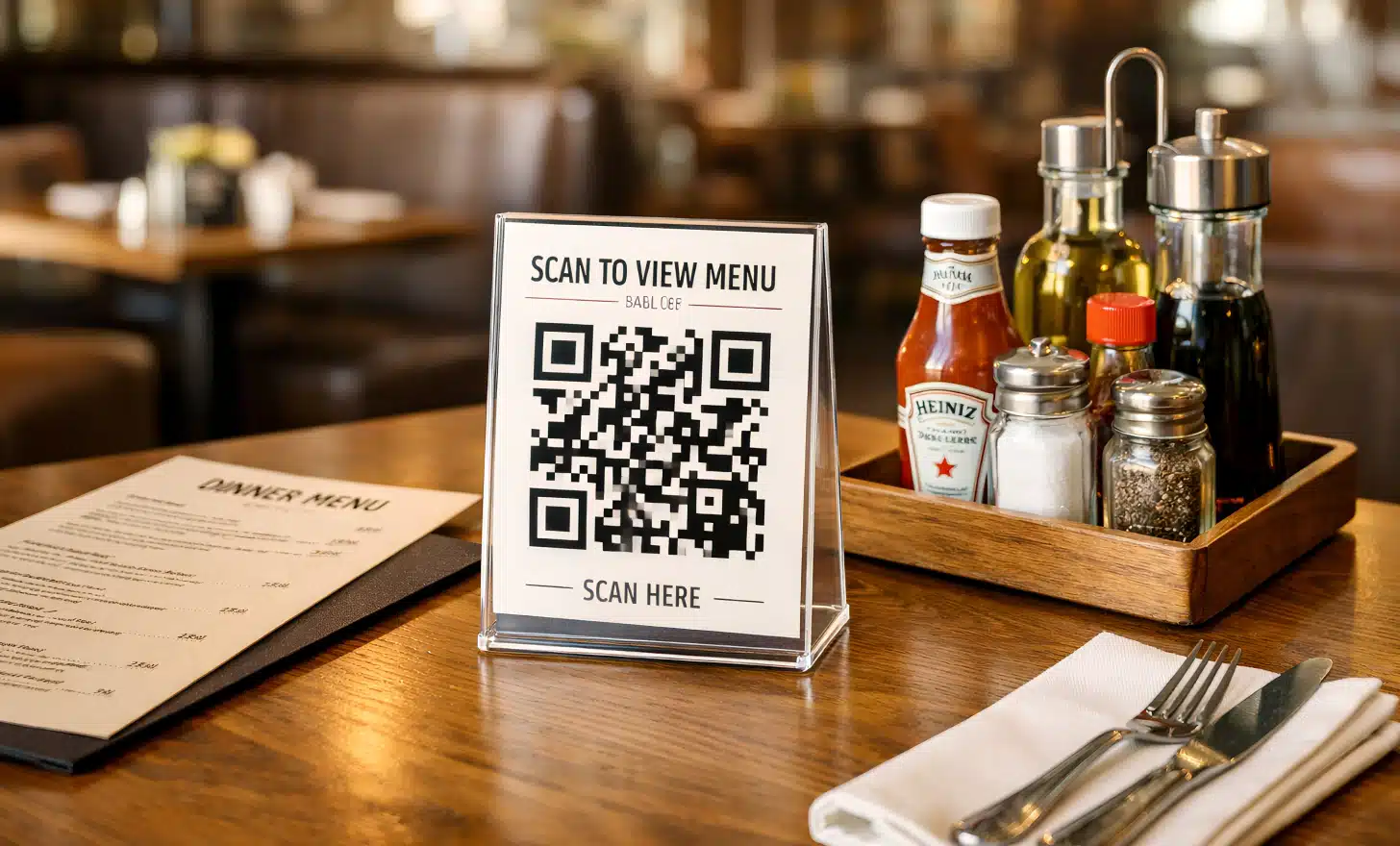 Single QR code displayed on a restaurant table as a simplified solution.