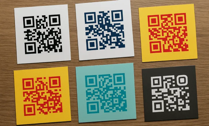 Seis tarjetas de códigos QR con distintas combinaciones de colores sobre una superficie de madera