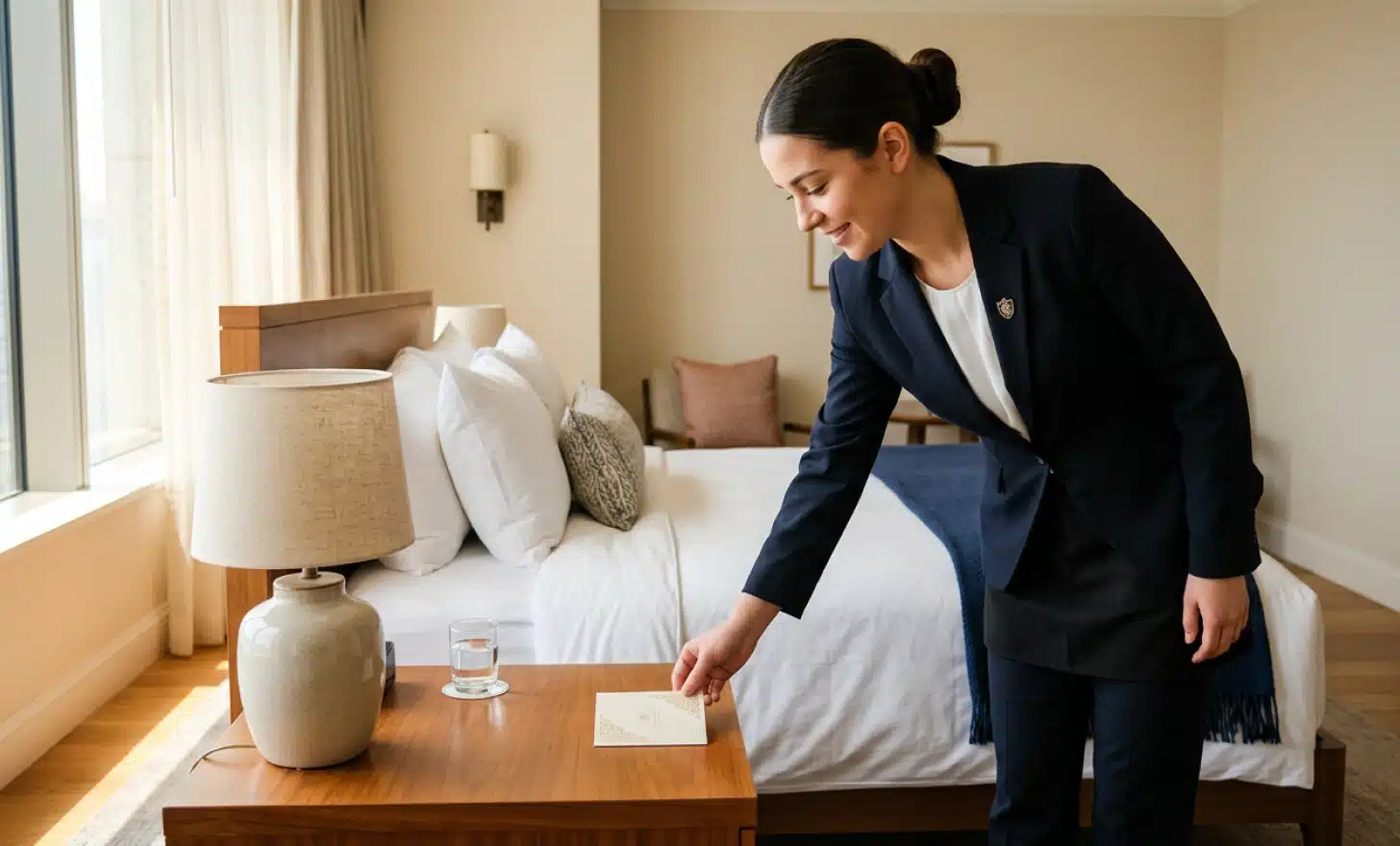 Small QR code card being placed on a hotel nightstand by a staff member