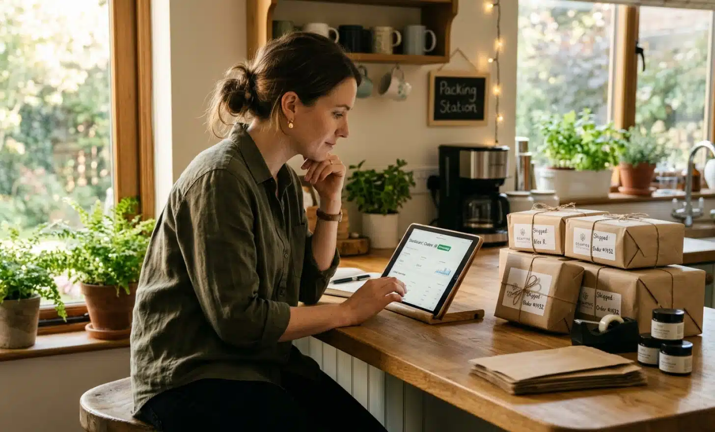 Small business owner reviewing a tablet at a kitchen counter with packaged products ready to ship.
