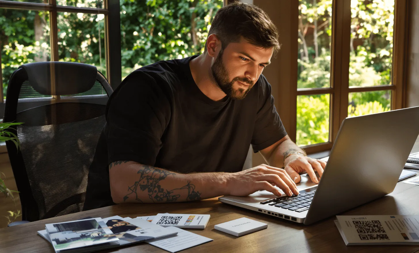 Small business owner updating an active QR code link on laptop
