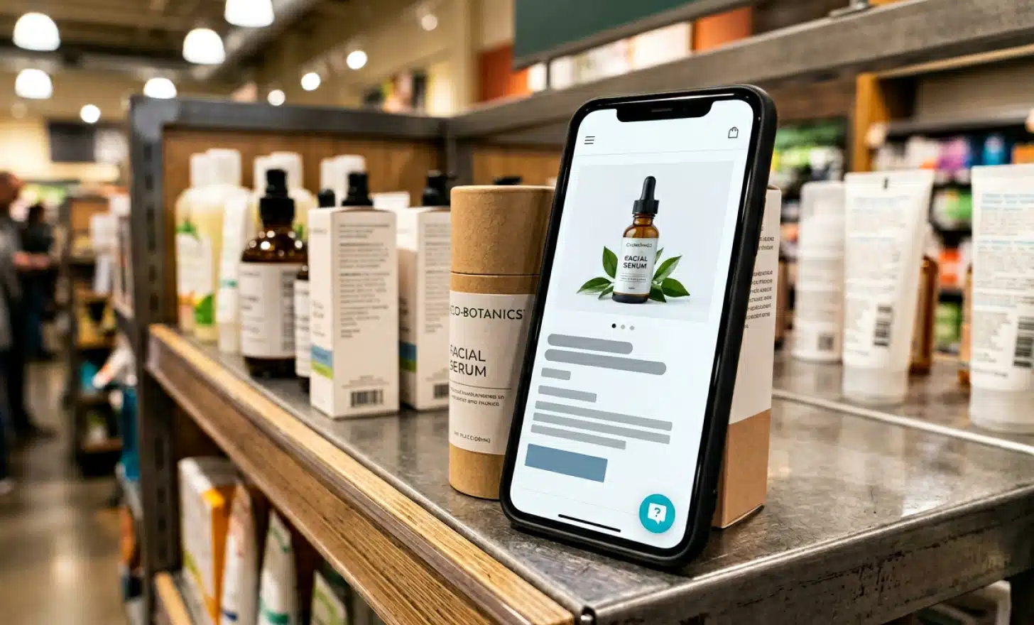 Smartphone displaying a conversational AI assistant chat bubble on a product landing page in a retail context