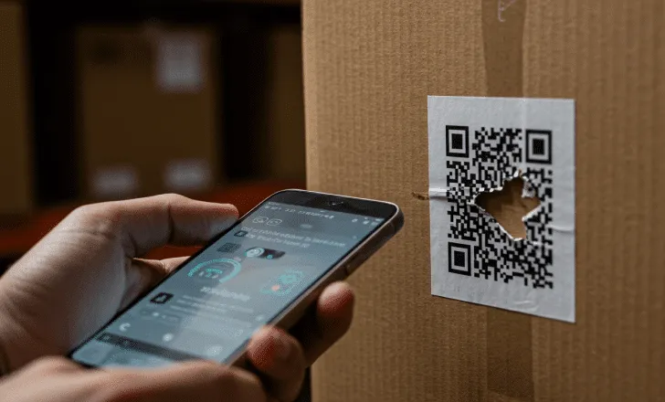 Smartphone scanning a damaged QR code with error correction working.