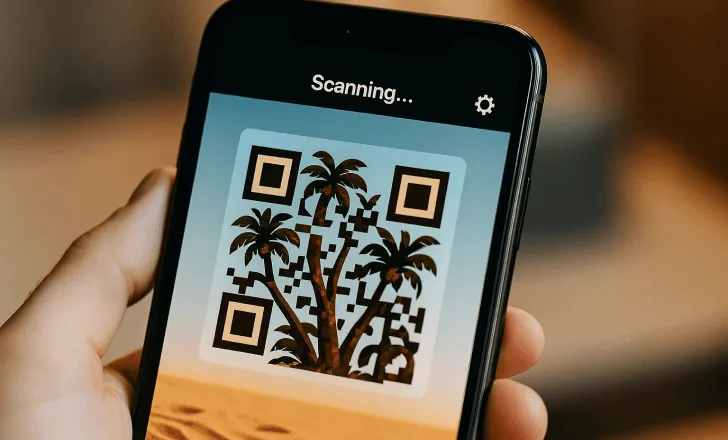 Smartphone scanning an artistic QR code with palm tree design