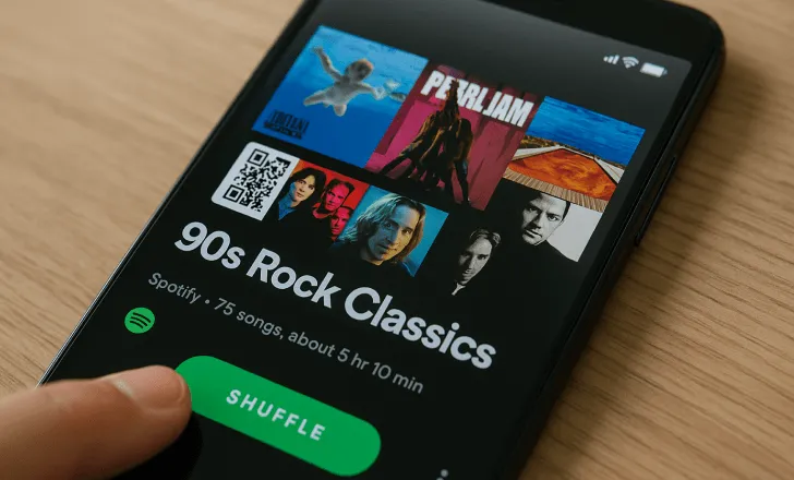 Pantalla de smartphone mostrando una lista de reproducción de rock de los años 90 con código QR y botón de reproducción aleatoria sobre una mesa de madera.