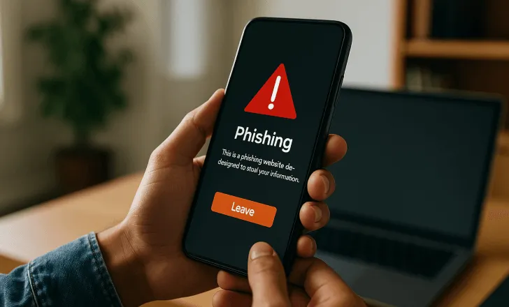Pantalla de smartphone mostrando una advertencia de sitio web de phishing
