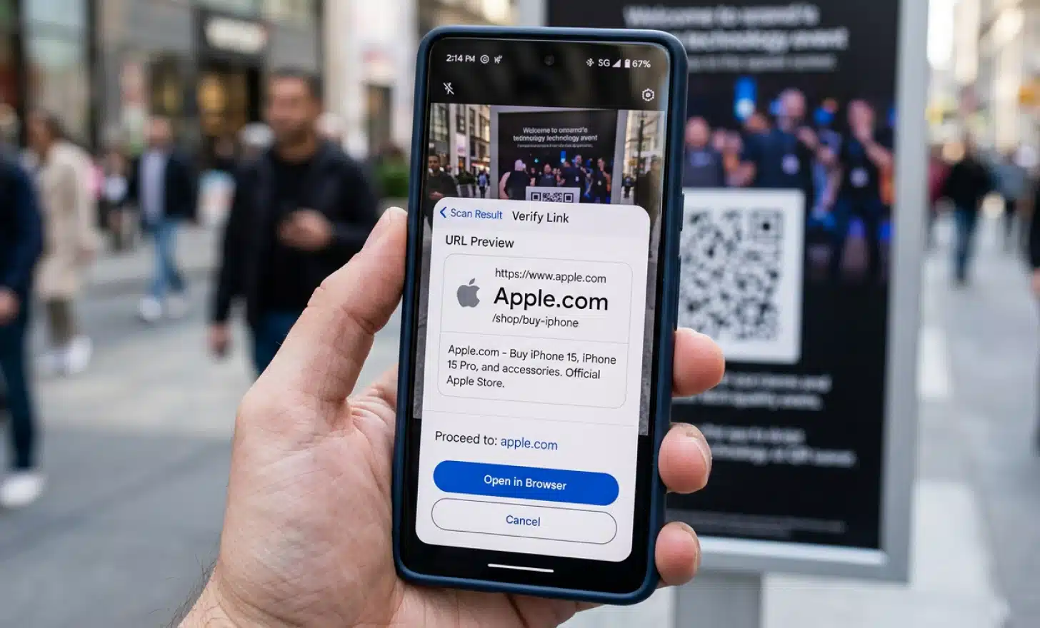 Smartphone screen showing a URL preview with a recognizable brand domain before opening a scanned link