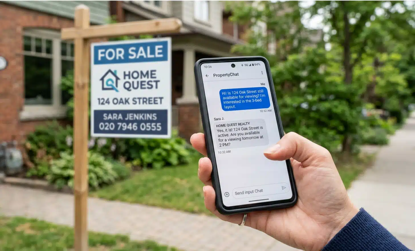 Smartphone screen showing an AI conversation triggered after scanning a QR code on a property listing sign