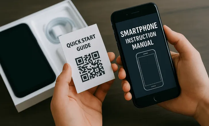 Smartphone screen showing instruction manual while scanning QR code on a quick start guide