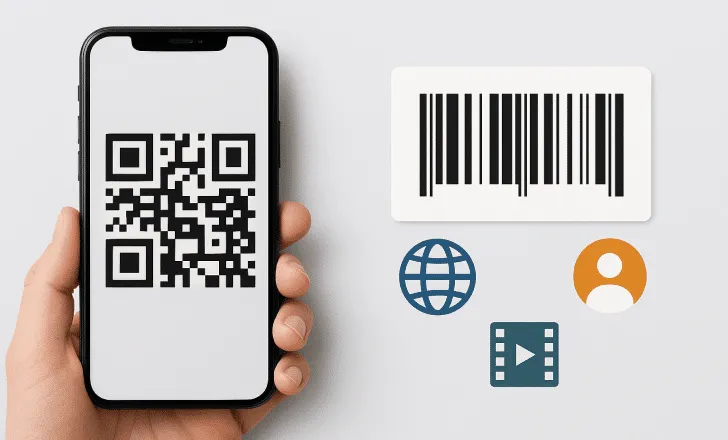Smartphone showing a QR code next to a traditional barcode and icons for URL, contact, and multimedia content