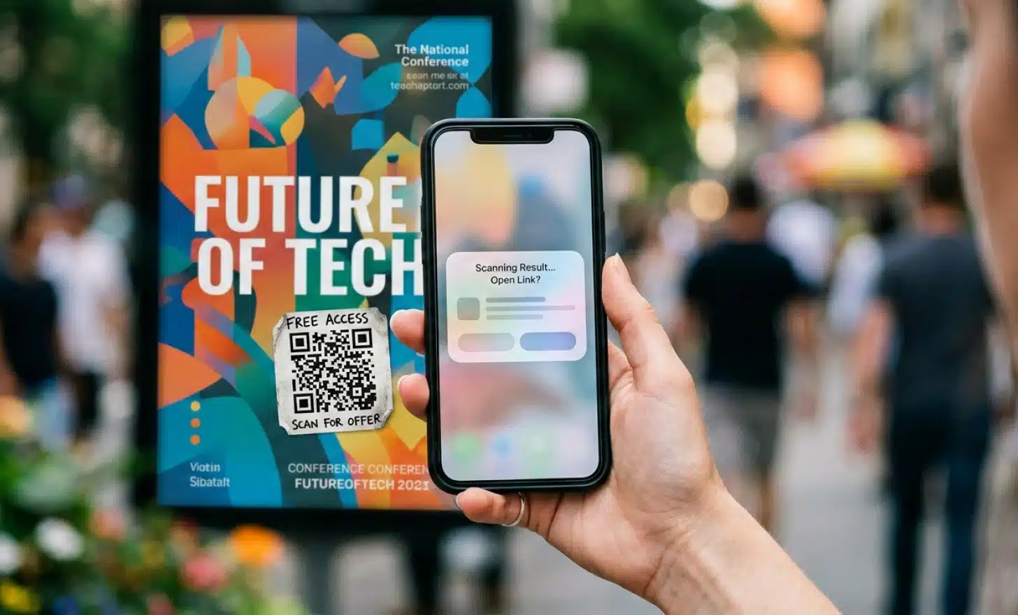 Smartphone showing a URL preview notification after scanning a QR code on a poster.