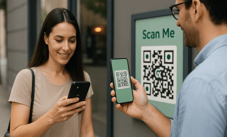 Smiling woman and man interacting with QR codes outside a shop in a city setting.