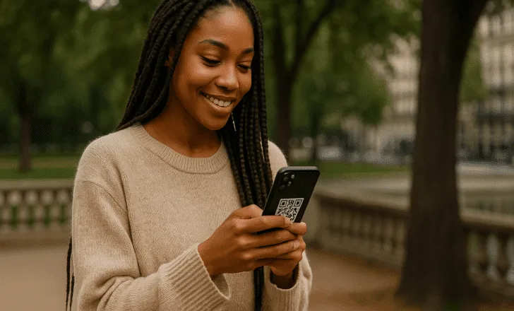 Smiling woman using smartphone in a park with soft natural light