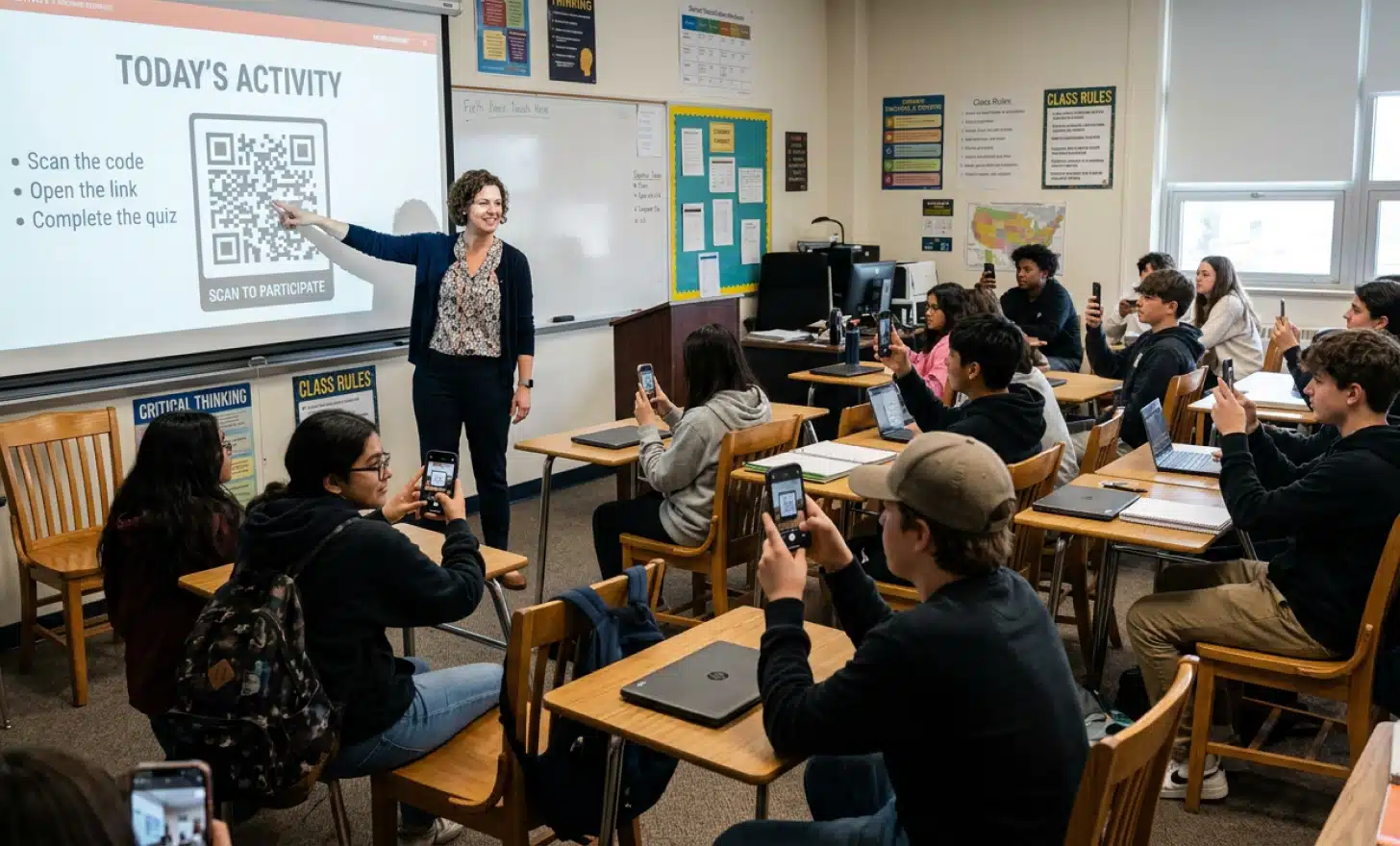 Teacher in a classroom pointing to a screen while students scan a QR code from their seats.