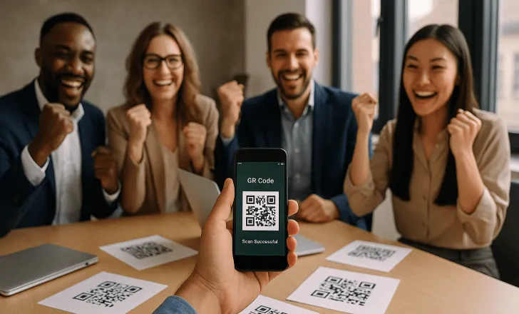 Team in a modern office celebrating after successfully scanning QR Codes, with printed QR Codes on the desk and a smartphone showing a scan result